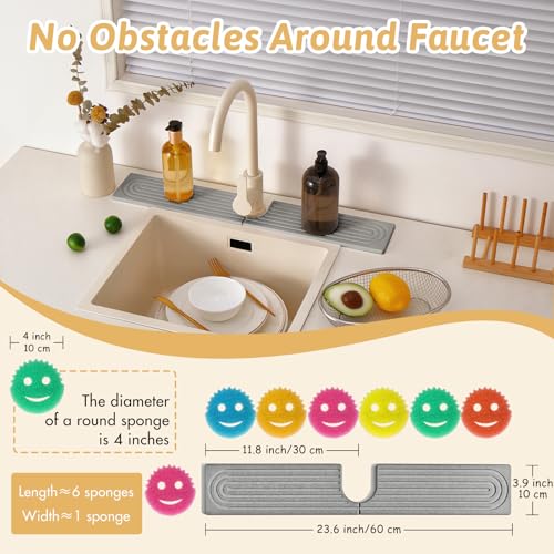 Diatomite Sink Faucet Splash Guard U Shape, 24" Large Stone Sink Tray, Modern Faucet Handle Drip Catcher Stone, Durable Faucet Draining Mat Protector for Kitchen Bathroom Island Counter, Light Grey - size: 23.6" x 3.9"
