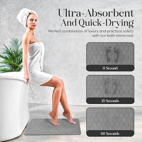 Diatomaceous Earth Stone Bathmat | Eco-Friendly XL Stone Bath Mat 18x24 Inch. Instant Dry Bathroom Mat with Sandpaper & Pads. Multiuse, Kitchen Counter & Stone Dog Bowl Mat (2, Grey) - color: Grey