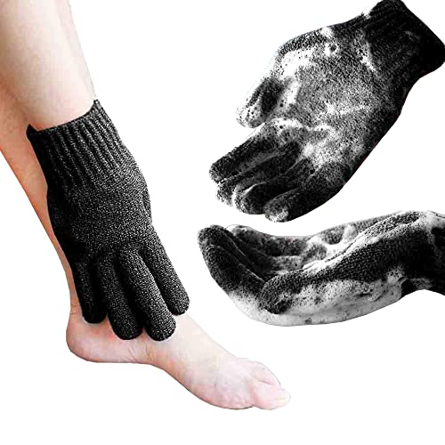 MIG4U Exfoliating Shower Gloves for Bath, Premium Nylon Body Wash Bathing Gloves for Men Women Spa, Massage and Skin Scrub, Dead Skin Remover with Hanging Loop, Black, Large - color: Black, size: 2 Count (Pack of 1)
