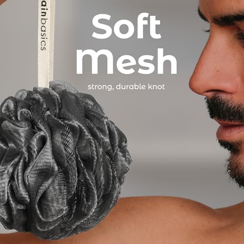 MainBasics Shower Loofah Sponge Pouf, Set of 3, Black Ice | Soft Mesh Body Scrubber and Bath Sponge for Gentle Exfoliation, Rich Lather, and Everyday Shower Use - style: Black Ice