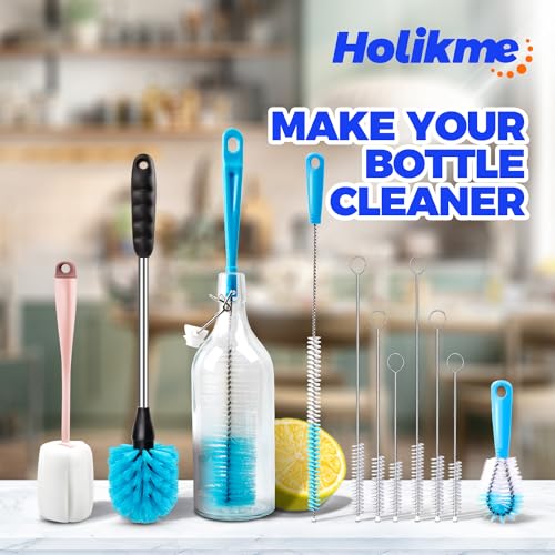 Holikme Bottle Brush Tube Cleaning Lab Set with Long Handle, Cup Cleaner for Washing Narrow Neck Beer Wine Decanter Pipes Lids Sinks Cap Covers, Pink - color: Pink