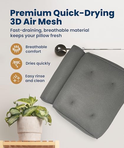 Everlasting Comfort Luxury Bath Pillow for Tub – Quick-Dry 4D Mesh – Gray | Head/Neck/Back Support, Non-Slip Suction Cups, Machine Washable, Drying Hook, Bath/Spa/Jacuzzi Essentials - color: Gray, size: Standard