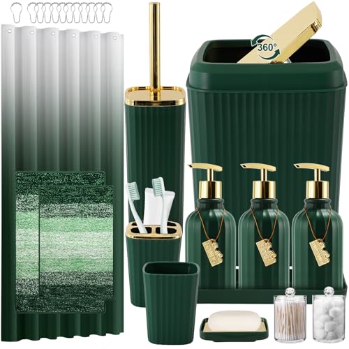 32PCS Bathroom Set Bathroom Sets with Shower Curtain and Rugs Hunter Green Bathroom Accessories,Shower Curtain Set,Bathroom Rug Set with Bathroom Trash Can - size: Bath Set+Gradient Shower Curtain+Bath Rugs, style: Dark Green