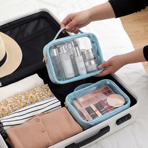 Abbylike 6 Pcs Clear Makeup Bags Bulk 7.9 x 5.9 x 2.4 Inches Quart Size Approved PU Leather Toiletry Bag with Handles Small PVC Clear Travel Cosmetic Case for Women Wedding Bridal Gifts(Blue) - color: Blue