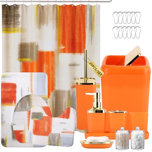 XLHOMO Bathroom Set - Orange Bathroom Accessories Set, Bathroom Sets with Shower Curtain and Rugs, Orange Shower Curtain Set with Bathroom Trash Can, Soap Dispenser, Soap Dish for Home Decor - color: Plaid Orange & Gold, size: Complete Set + Bath Rugs