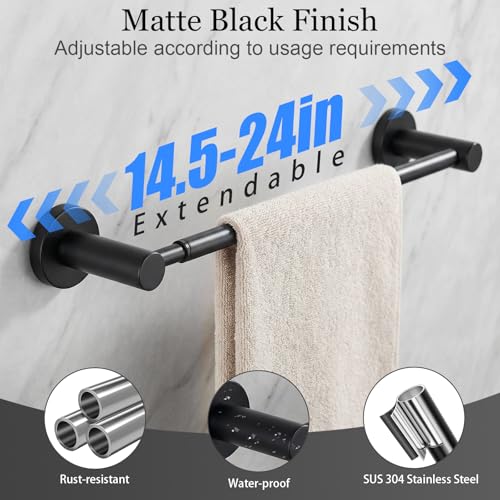 10-Pieces Matte Black Bathroom Accessories Set,Adjustable 14.5-24 Inch Bath Towel Bar Set, SUS 304 Stainless Steel Bathroom Hardware Set, Towel Racks for Bathroom Wall Mounted - color: Black, size: Adjustable 14.5-24 Inch 10 pcs