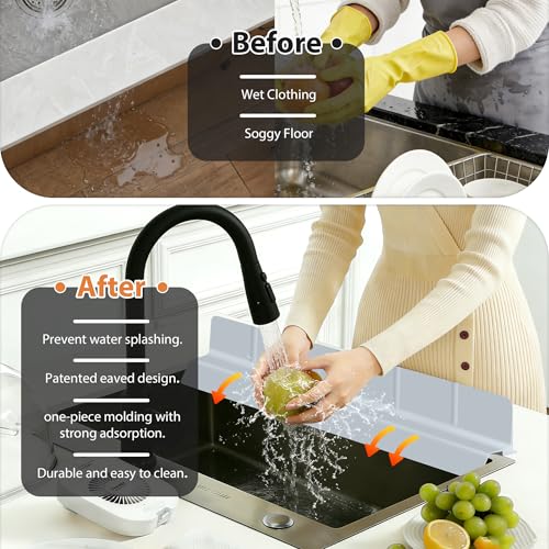 29Inch Sink Splash Guard – Extended Length & Tall Silicone Kitchen Sink Splash Guard with Overhang Drainage Design & Strong Suction Cups for Countertop(Grey, 29''x3.5'') - color: Gray, size: 29''x3.5''