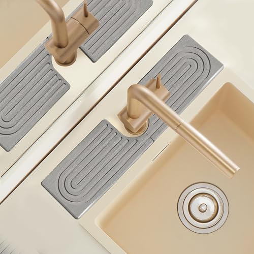 Diatomite Sink Faucet Splash Guard U Shape, 16" Large Stone Sink Tray, Mordern Faucet Handle Drip Catcher Stone, Durable Faucet Draining Mat Protector for Kitchen Bathroom Island Counter, Light Grey - size: 16" x 3.9"