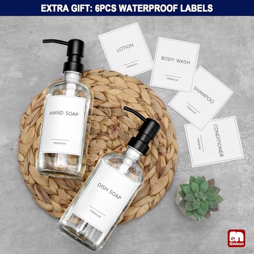 GMISUN Glass Soap Dispenser with Pump, 2 Pack Clear Bathroom Hand Soap Dispenser with Stainless Steel Pump, 17 Fl Oz Refillable Kitchen Hand and Dish Soap Dispensers Set, Modern Liquid Pump Bottles - color: Clear Bottle + Black Pump