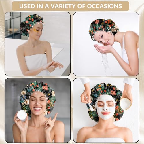 Shower Cap Adjustable Waterproof Double Layer Elastic Reusable Hair Bath Cap Cute Aesthetic for Women Girls-Cat Flower - color: R2-Cat Flower