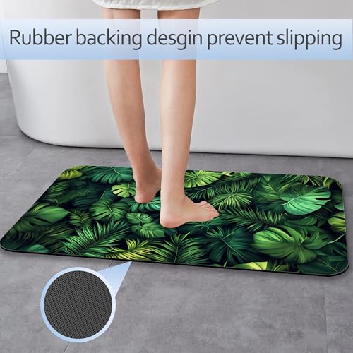 Bathroom Rug 29.5"x17",Green Tropical Palm,Bath Mat with Non-Slip Rubber Backing, Quick-Drying Absorbent Thin Floor Mat for Bathroom, Shower, Sink, or Kitchen - color: Green Tropical Leaves Palm