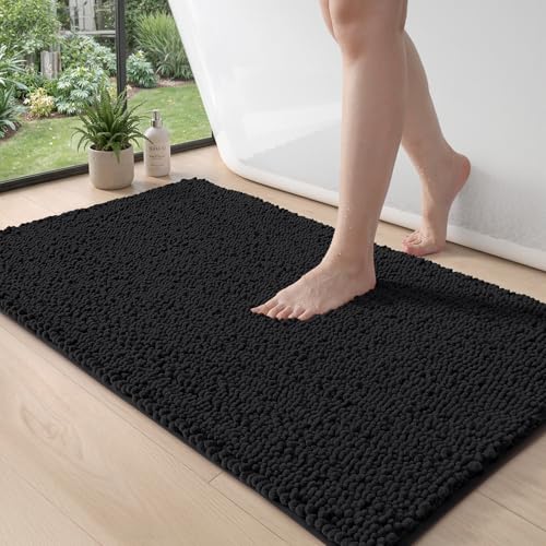 DEXI Bathroom Rugs 43x24, Super Soft Thick Chenille Absorbent Bath Mat, Non Slip Machine Washable Fluffy Shag Bathmat for Tub, Shower Floor, Black - color: Black, size: 43" X 24" (Rectangular)