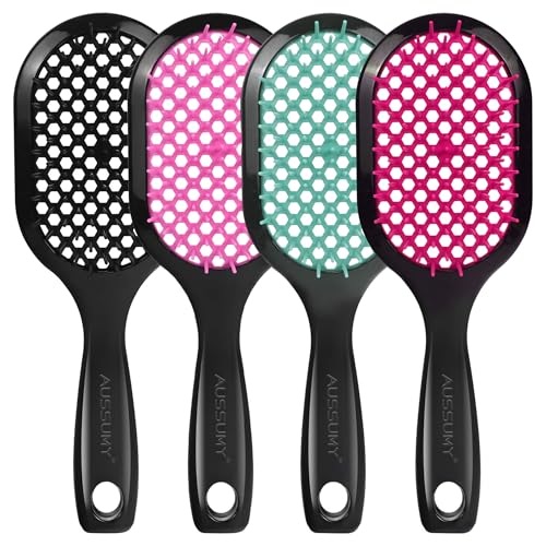 4 Pack Vented Detangling Hair Brush - Detangler Hairbrush with Soft Bristles for Effortless Tangle Free - Ideal for Wet Dry or Curly Damaged Hair for Women Men Kids - color: Black+Pink+Green+Magenta