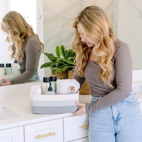 NaturalCozy 11.8"x8"x4.5” Rectangle Storage Baskets for Shelves 3 Pack | Cotton Rope Woven Small Baskets for Organizing | Small Storage Bins for Nursery, Bathroom, Closet, Shelf, Decorative, Gift - color: 3-Tone Gray, size: 11.8" x 8" x 4.5"