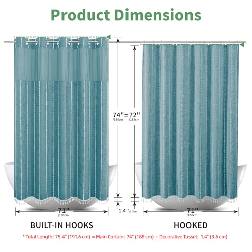 eachope Boho Farmhouse No Hook Shower Curtain Set with Snap-in Fabric Liner,Heavy-Duty Linen Textured Rustic Striped Design,Water-Repellent with Tassels and Sheer Window,Teal,71x74 - color: Teal, size: 71"W x 74"L (Pack of 1)