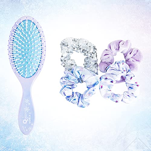 Frozen Princess Elsa Hair Accessory 5 Pcs Set - 1 Regular 9 inch Frozen Hairbrush & 4 Frozen Scrunchies - Detangling Brush & Elastic Hair Ties Ropes for Girls, Ages 3+ - color: Elsa 5 Piece Hair Accessories