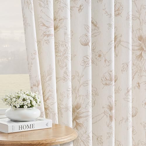 Floral Pinch Pleated Curtains 90 Inch Length Coffee Beige Tan Country Farmhouse Rustic Light Filtering Lily Peony Flower Pattern Printed Curtain with Hooks Rings Semi Sheer Botanical Linen Drapes - color: Coffee, size: 40"W x 90"L (Pack of 2)