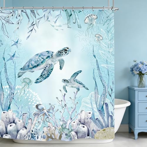 Turtle Ocean Sea Shower Curtain 60Wx72L Inch Teal Blue Undersea Underwater Nautical Bathroom Set Accessories Decor with 12 Pack Hooks - color: Teal Blue Turtle, size: 60"W x 72"L (Pack of 1)
