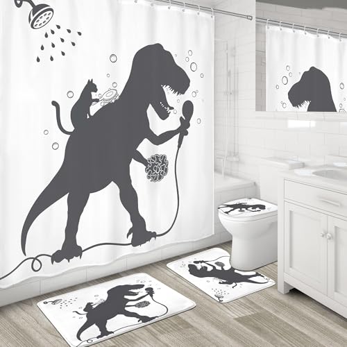 4PCS Kids Funny Dinosaur 71Wx71H Inches Boys Men Dino Cat Animal Shadow Shower Curtain Sets with Rugs, Toilet Lid Cover and Bath Mat, Cute Bath Accessories Art Home Decor Fabric 12 Pack Hooks - color: A4-dinosaur Cat