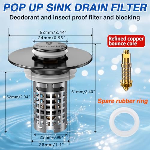 Bathroom Sink Drain Strainer, Pop-up Sink Drain Strainer with Removable Stainless Steel Strainer Basket Hair Catcher, Bathroom Sink Strainer for Bathroom Sink Stopper Replacement - color: Black
