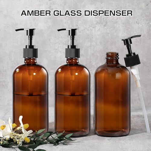 4 Pack 16 oz Amber Glass Bottles with Pumps for Shampoo, Essential Oils, Cleaning Products, Lotions, Aromatherapy Oil, Pump Bottles, Refillable Containers with Cap, 8 Chalk Labels, 1 Pen - size: 16 oz Amber 4Pack