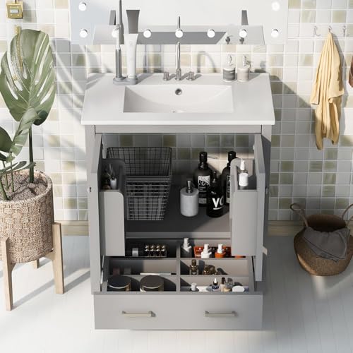 Linique 30" Bathroom Vanity with Sink Combo Set, Solid Wood Frame Bathroom Storage Cabinet with 2 Soft Closing Doors and a Drawer, Multifunctional Storage, Grey - color: Grey