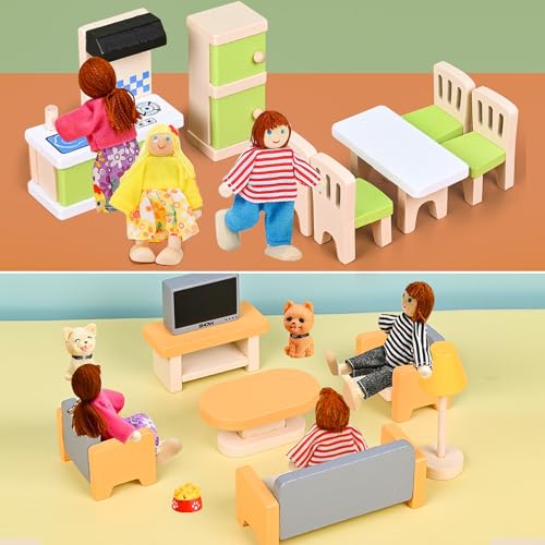 HAPGFS 36PCS Wooden Dollhouse Furniture Set with 4 Flexible Family Dolls - 5 Room Realistic Doll House Accessories for Toddlers 3 4 5 6, Pretend Play Toys Gift for Birthday and Christmas - style: Indoor