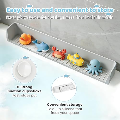 Bathtub Tray Splash Guard: Silicone Bathtub Splash Guard with Suction Cups, Bathtub Side Tray & Bath Toys Holder for Water Spill Prevention & Bathroom Storage, Grey
