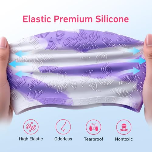 Women Swim Cap 2 Pack for Long Hair, Silicone Flower Adult Swimming Caps Waterproof for Girl Youth No Wet Hair - color: Mint & Purple