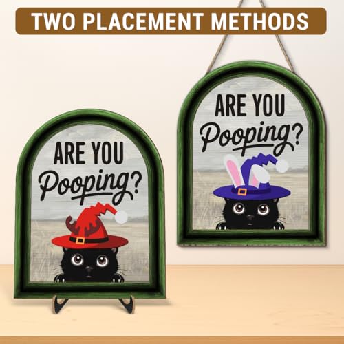Funny Spring Cat Bathroom Decor - Interchangeable Seasonal Cats Bathroom Hanging Wooden Sign for Restroom Shelves Toilet Tank Decoration(10 Pcs) - Are You Pooping - color: Cat are