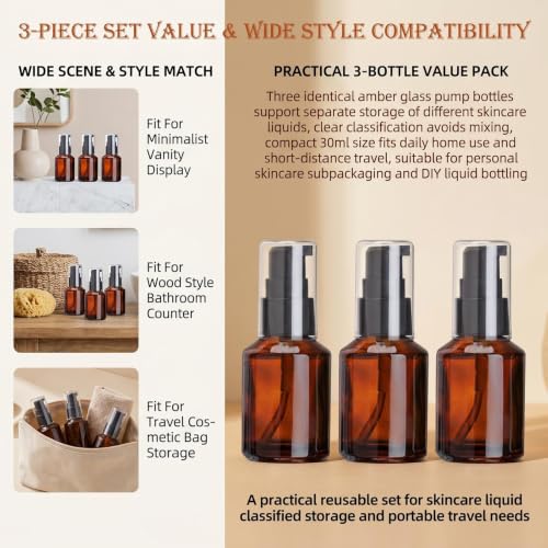 3 Pcs Amber Glass Pump Bottles, Refillable Cosmetic Dispenser Jars, Portable Travel Lotion Bottles, Sample Trial Vials for Foundation Cream Gel Toiletries (30ml/1oz) - color: Amber, size: 30ml/1oz