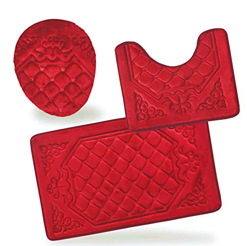 All American Collection 3PC Memory Foam Bath Mats Soft Plush Crown Design Anti-Slip Shower Bathroom Contour Toilet Lid Cover Rugs (Red) - color: Red