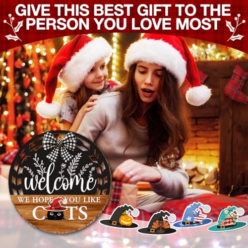 Interchangeable Seasonal Welcome Hanging Sign - Farmhouse Front Door Decoration for Holidays - Rustic Round Wood Wreaths with 12 Icons – Welcome Cat Lover(Orange) - color: catsorange