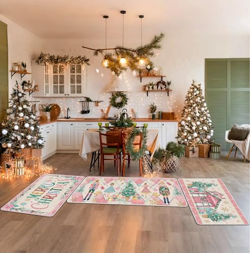 Drydiet 3 Pcs Pastel Pink Nutcracker Christmas Kitchen Rug and Mat Anti Fatigue Nutcracker Floor Mats Non Slip Washable Farmhouse Doormat Pastel Pink Christmas Decor for Kitchen Home Office Bathroom - color: Pink, style: Nutcracker
