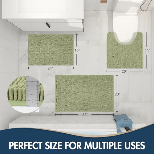 TREETONE Bathroom Rugs Sets, Thick Soft Absorbent 3 Piece Chenille Bath Rugs, Non-Slip, Dry Quickly, Machine Washable, Shaggy Mats with U-Shaped Toilet Rug for Bath Floor, Tub and Shower, Sage Green - color: Sage Green, size: 16"x24"+20"x32"+U Shape 20"x2