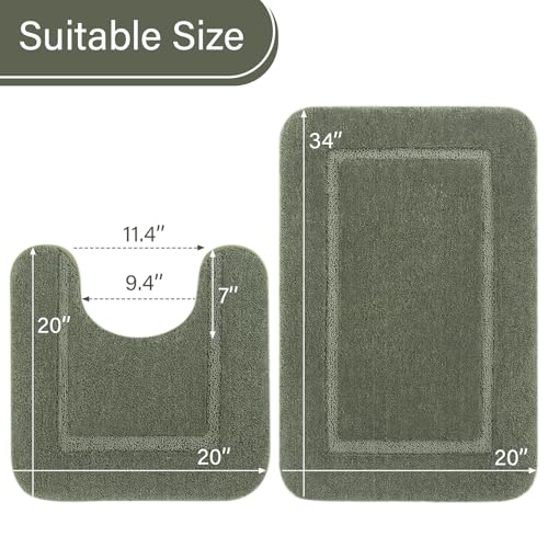 LOCHAS Bathroom Rug Set Sage Green, Soft Bath Rug Set 2 Piece Set, Toilet Mat U-Shaped 20x20 and 34x20 Bath Rugs, Quickly Dry Mats for Bathroom, Tub, Washable, Super Absorbent Floor Mat - color: Sage Green, size: 34" x 20" Plus 20" x 20" (U-Shape)