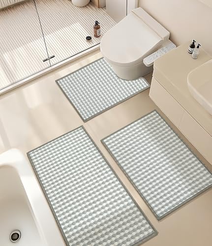 YIHOUSE Light Grey Bathroom Rugs Set 3 Pieces, Gray Checkered Absorbent Bath Mat Sets Quick Dry, Woven Soft Bath Rugs Non Slip, Thin Washable Rugs for Bathroom - color: Light Grey, size: 3 Pieces