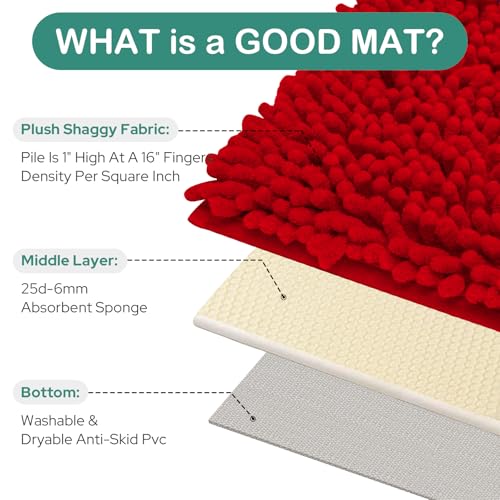HOMEIDEAS Bathroom Rugs Set 2 Pieces, Ultra Soft Non Slip Absorbent Chenille Toilet Bath Mat Set (Red) - color: Red-red, size: 1'8" x 2'8" (U Shape 20"x24"+20"x32")