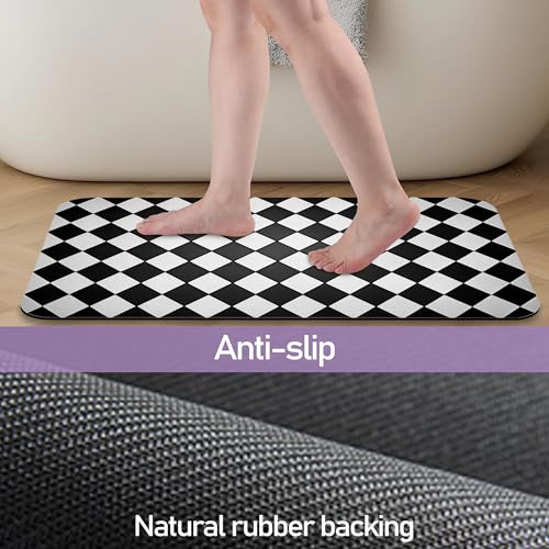 Black White Checkered Bathroom Mat, Non Slip Rubber Backed Fast Dry Bath Rug, Thin Bath Mat for Bathroom Kitchen 17"x30" - color: Black White Checkered