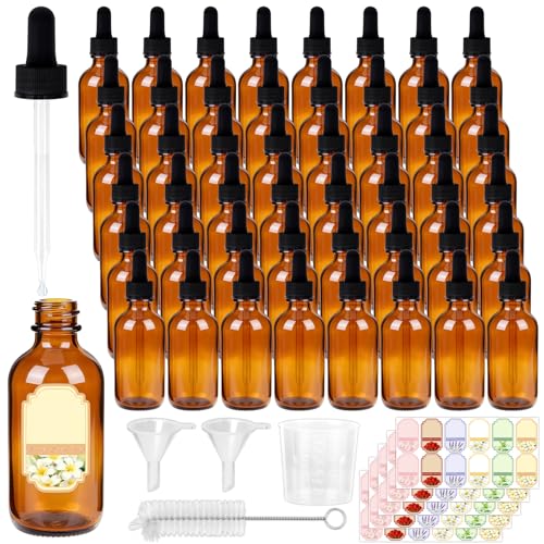 STARSIDE 48-Pack 2oz Leakproof Amber Glass Dropper Bottles | 60ml Empty Tincture Bottles, UV-Blocking Glass for Essential Oils & Crafts; Includes Funnels, Brushes, Labels & Measuring Cup - color: 2oz-Amber-48pcs