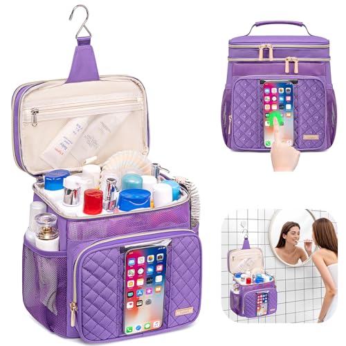 Tealari Large Toiletry Bag for Women Men,Bathroom Bag,Water Resistant Shower Bag,Makeup Bag,Portable Shower Caddy for College Dorm,Hanging Travel Toiletry Bag with Transparent Waterproof Phone Pocket - color: Purple
