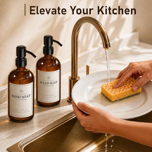 Fachixy Amber Glass Soap Dispenser (2 Pack), 16 Fl Oz Hand & Dish Soap Dispenser Bottles Set with Leak-Resistant Stainless Steel Pump, Non-Slip Pad, 14 Waterproof Labels for Kitchen and Bathroom - color: Brown