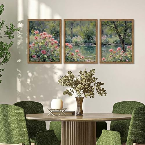 Framed Monet Wall Art Set of 3, Impressionist Botanical Floral Canvas Wall Decor, Vintage Cottagecore Artwork Paintings, Nature Landscape Flowers Prints Pictures for Living Room Bedroom 16x24 Inch - color: Green Flower Lake, size: 24"L x 16"W