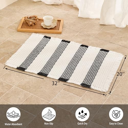 Waffle Bath Mat Non Slip, Boho Bathroom Rug, Super Absorbent Quick Dry Bathroom Mat, Soft Farmhouse Bath Rug with Tassels, Small Washable Shower Mats for Floor 20"x32", White and Black - color: Black and White, size: 1'8" x 2'8" (Rectangular)