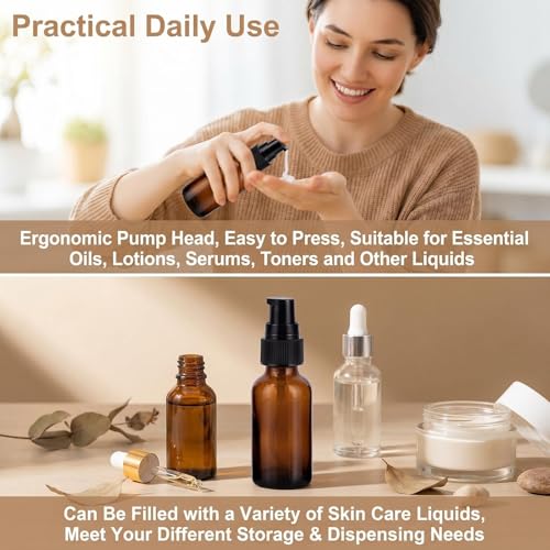 6PCS 30ml/1oz Amber Glass Lotion Pump Bottles Empty Refillable Cosmetic Makeup Travel Size Pump Dispenser Container Jars for Lotion Cream Essential Oils Toiletries
