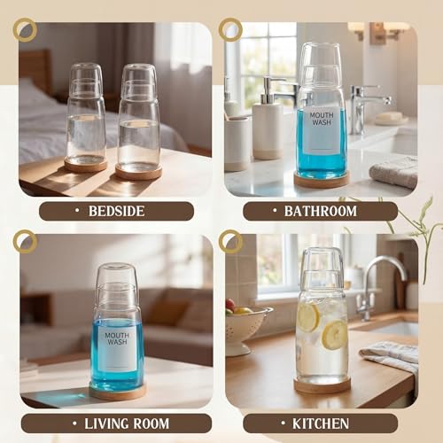 2 Set 25 oz Glass Mouthwash Dispenser with Wood Tray and Mouth Wash Labels, Mouth Wash Container Bottle with Lid Cup, Mouthwash Decanter for Bathroom Bedside Water Carafe for Nightstand