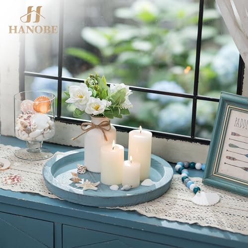 Hanobe Beach Decor Decorative Tray: Farmhouse Coastal Tray for Nautical Themed Decorations Coffee Table - Round Wooden Trays Ocean Style for Bathroom Countertop Centerpiece Rustic Blue - color: Blue