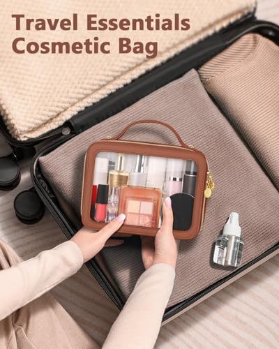Soimeat Clear Makeup Bag, Portable Travel Cosmetic Bags, Multipurpose Leather Toiletry Bag with Zipper, Waterproof Transparent Cosmetic Organizer for Women, Medium, Brown - color: Brown, size: Medium