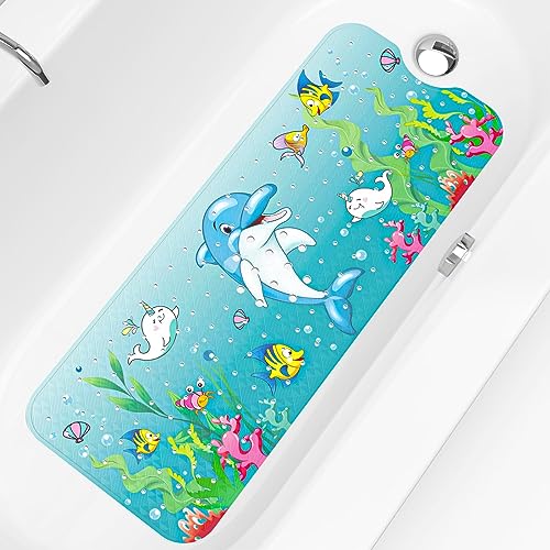 XIYUNTE Baby Bath Mat for Tub Non Slip Kids Bath Mat - 40''x16'' Extra Long Cartoon Bathtub Mat Non Slip Kids Shower Mat Eco-Friendly Toddler Bath Mats with Suction Cups, Machine Washable - color: F-color