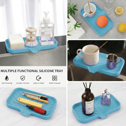 MicoYang Silicone Soap Dish with Drain Spout — Self-Draining Sink Organizer Tray for Bathroom & Kitchen, Sponges, Dispensers & Soap Holder, Non-Slip & Dishwasher Safe, Light Blue (Medium, 9.6"×5.3") - color: Light Blue, size: M(9.6"×5.3")